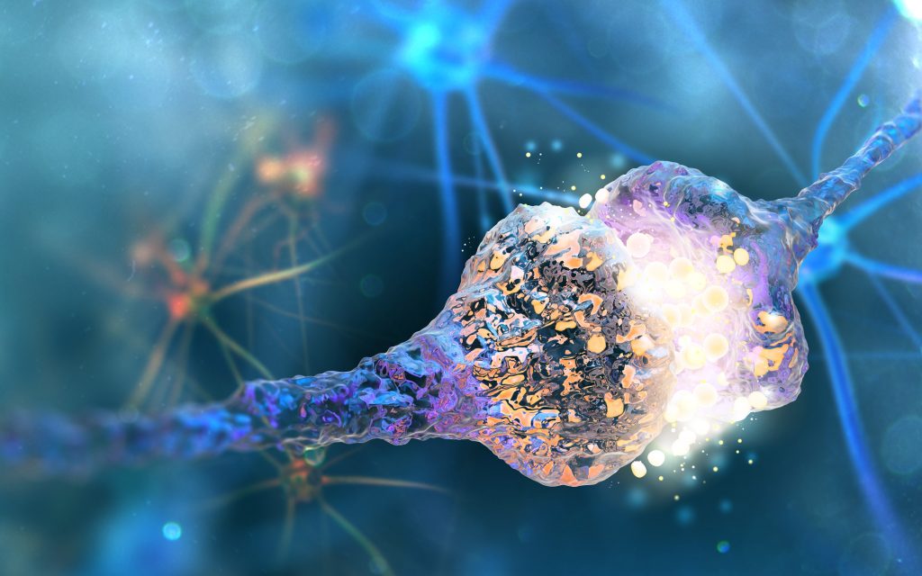 Illustration : cellules synapses et neurones envoyant des signaux chimiques électriques
